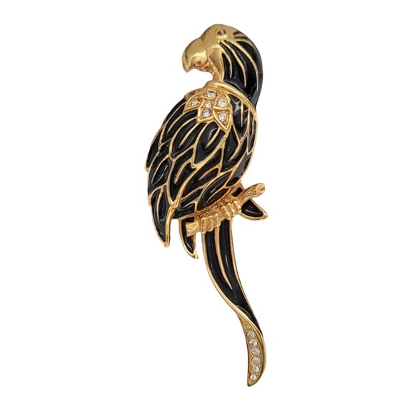 Swarovski Black Enamel Clear Crystal Rhinestone Bird Parrot Brooch Signed SAL