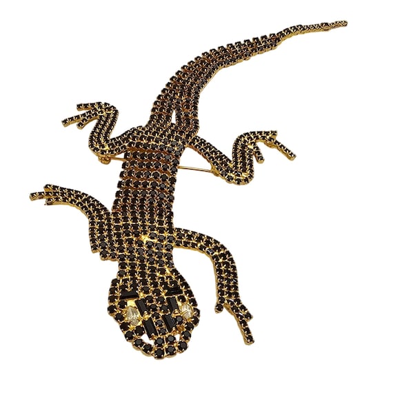 Black Rhinestone Lizard Reptile Brooch Prong Set Gecko Croc Shoulder Pin C996