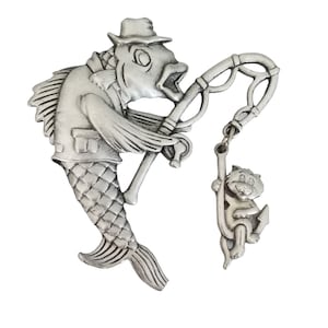 JJ Jonette Pewter Fish With Rod Catching Cat, Signed M164