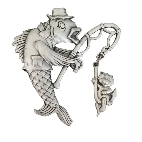 JJ Jonette Pewter Fish With Rod Catching Cat, Signed M164