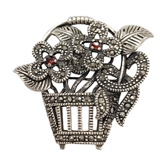 Sterling Silver 925 THAI Marcasite Red Stone Basket of Flowers Brooch Pin K343