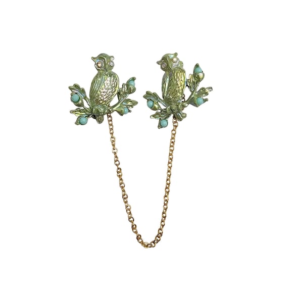 Mint Green Pearl Owl Brooches Pair Set Chatelaine Style AB Rhinestone Pins C988