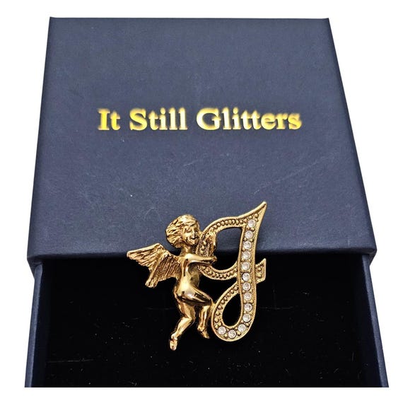 1928 Brand Cupid Angel Holding Letter J Gold Tone Clear Rhinestone Pin J558