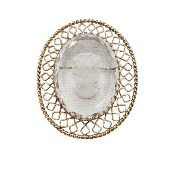 Gold Tone Oval Filigree Intaglio Cameo Brooch Clear Glass Pin