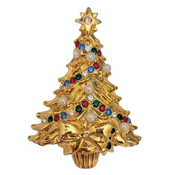 Trifari 1996 Rhinestone Faux Pearl Christmas Tree Brooch Pendant, Signed E745