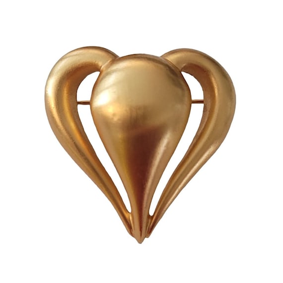Anne Klein Matte Gold Tone Modernist Open Heart Pin Brooch, Signed E91