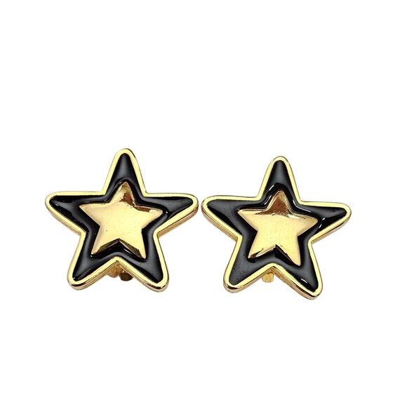 Gold Tone Black Enamel Star Clip On Earrings