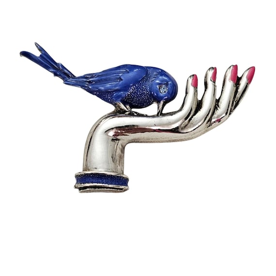 Blue Bird In Hand Brooch, Painted Nails Pin