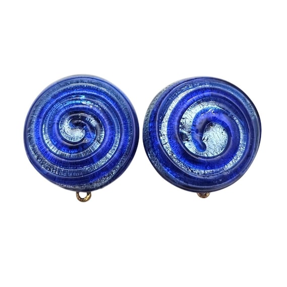 Blue Swirl Art Glass Round Button Clip On Foil Design Earrings C727