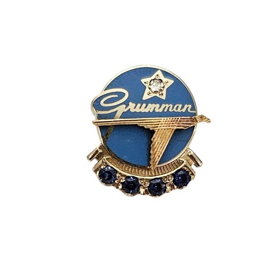 10K Gold Diamond Grumman, Golden Eagle Blue Stone Vintage Lapel, Collar Pin