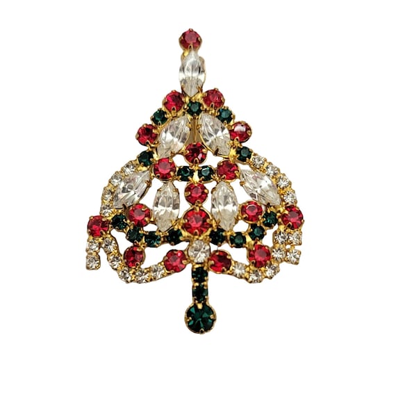 Gold Tone Red Green Clear Prong Set Rhinestone Christmas Tree Brooch Pin K582