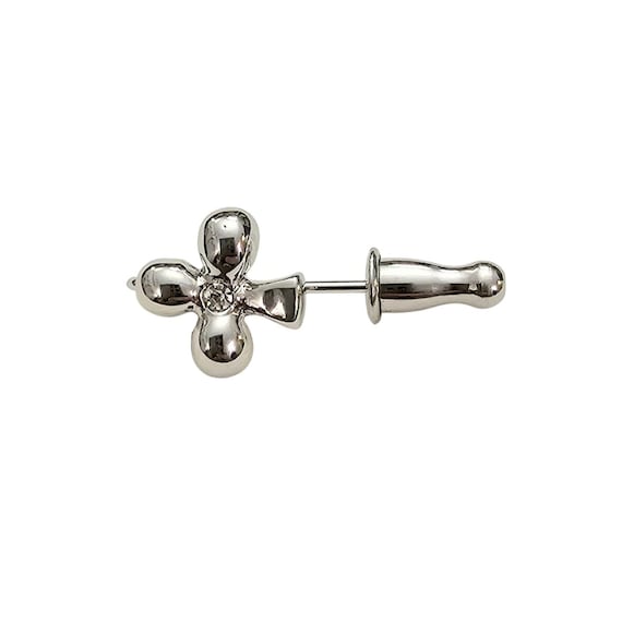 Monet Silver Tone Clear Rhinestone Clover Stick Lapel Pin, Signed
