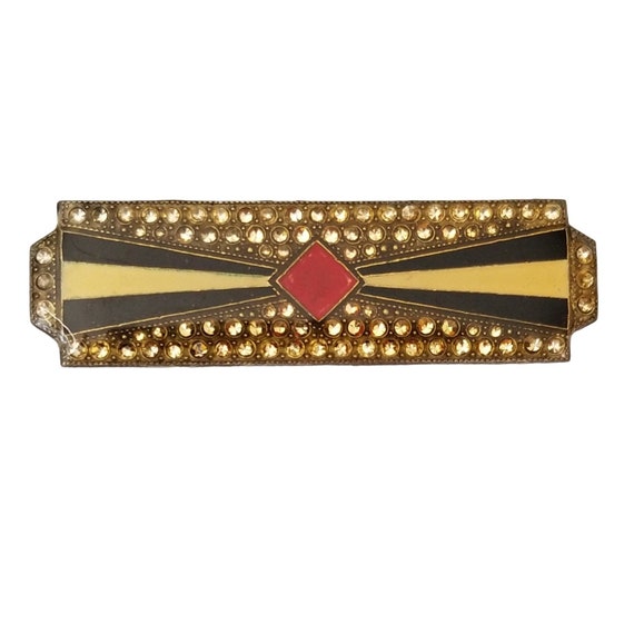 Pierre Bex Vintage Art Deco Silver Enamel Rhinestone Trombone Clasp Bar Pin