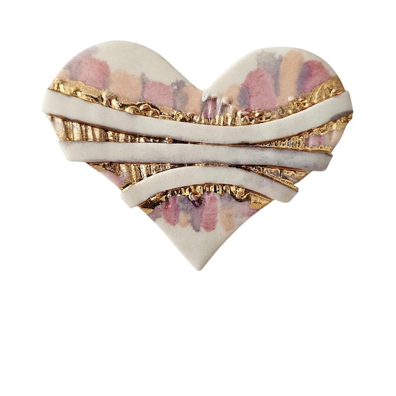 Bone China Style Heart Brooch, Vintage Modernist Pink Gold Pin J192