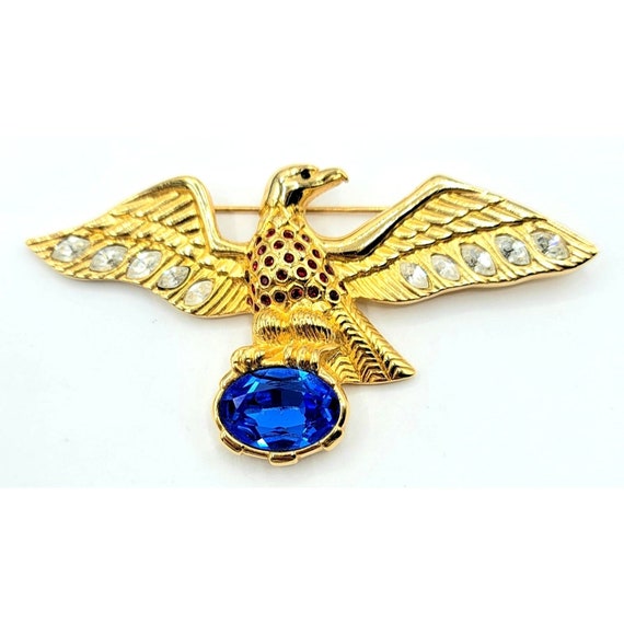 Swarovski Goldtone Blue Crystal Rhinestone Eagle Brooch Signed