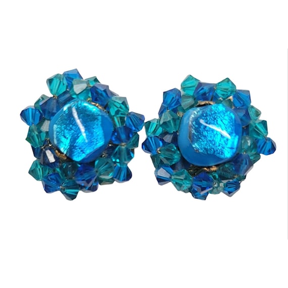 Blue Art Glass Crystal Bicone Wire Cluster Clip-On Earrings