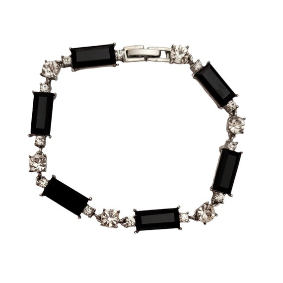 Monet Black Baguette Glass Clear Rhinestone Tennis Bracelet 7.5" Long, Signed E216