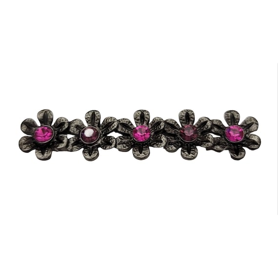 1928 Brand Gun Metal Silver Tone Pink Rhinestone Flowers Bar Pin K639