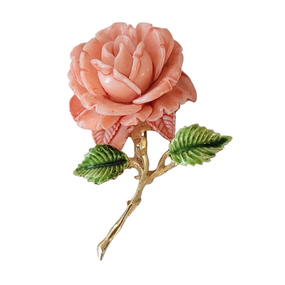 PELL Gold Tone Faux Coral, Plastic Rose Brooch Pin, Signed E539
