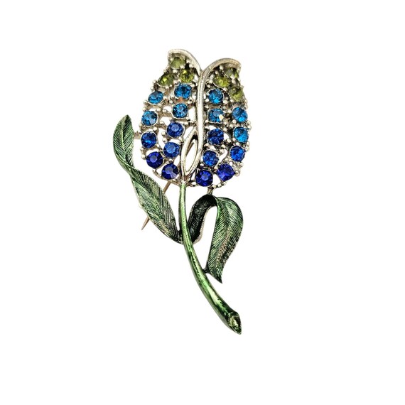 Blue Olivine Rhinestone Flower Brooch Vintage New Old Stock