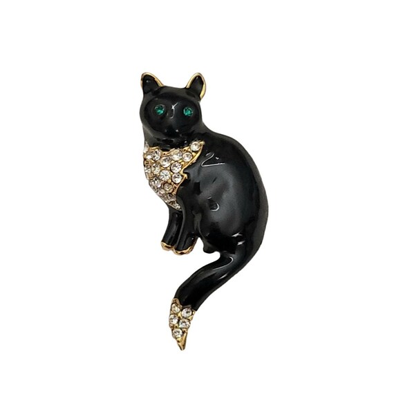 Black Enamel Cat Clear Rhinestone Green Eye Brooch Pin L38