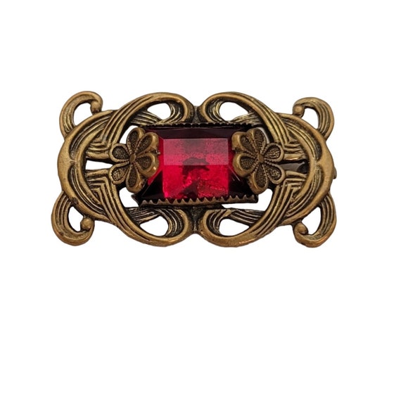 Gold Tone Brass Art Nouveau Style Red Rhinestone C-Clasp Pin Brooch E268