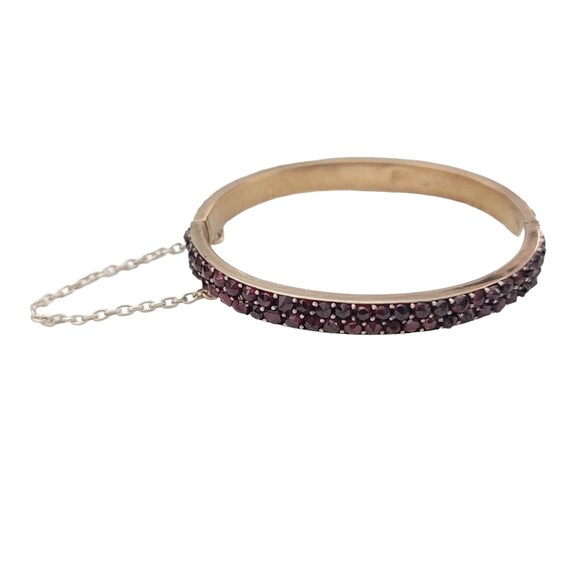 Gold Plated Vintage Hinged Tongue Clasp Garnet Bangle Bracelet K891