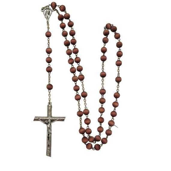 Vintage Brass Chain Wood Bead Necklace Rosary E275