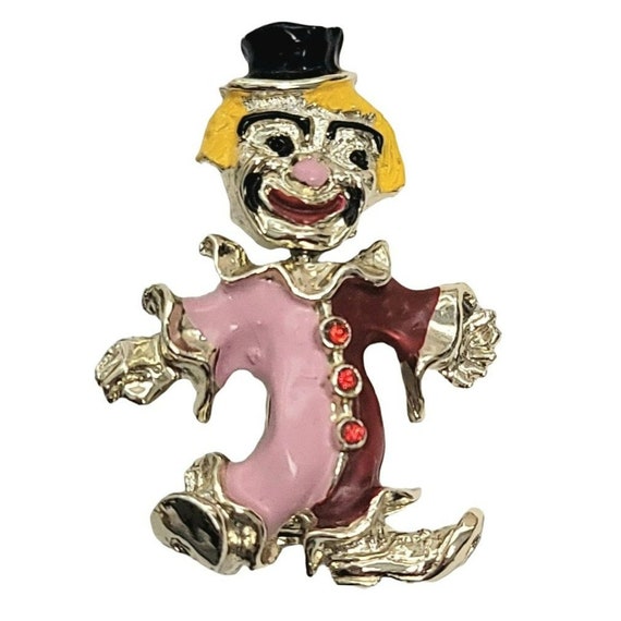 Vintage Enamel Two-Faced Pink Enameled Red Rhinestone Articulated Clown Brooch