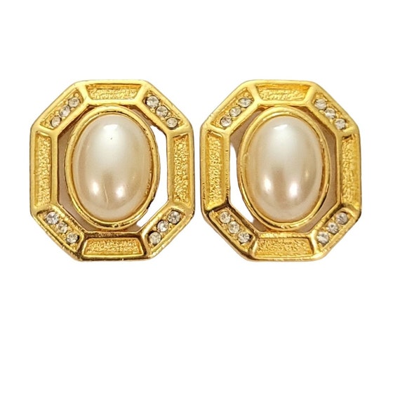Gold Tone Faux Oval Pearl, Clear Rhinestone Octagon Clip On Earrings E983