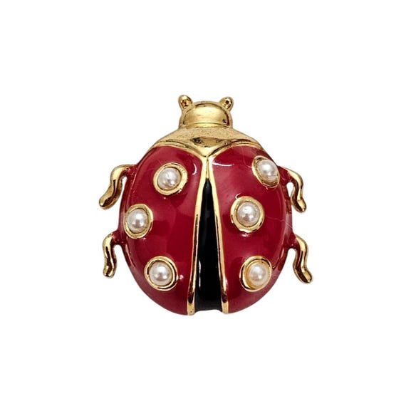 Marvella Red Enamel Faux Pearl Lady Bug Brooch Pin, Signed L473