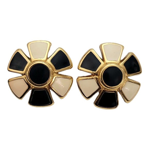 Monet Gold Tone Black, White Enamel Flower Clip-On Earrings, Signed K733