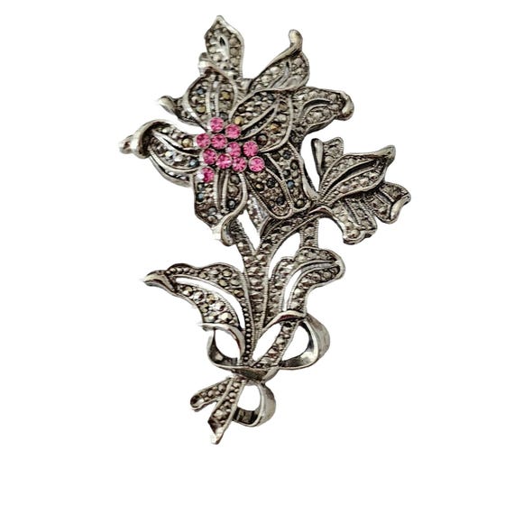 1928 Brand Silver Tone Pink Rhinestone, Marcasite Flower Trembler Brooch L268