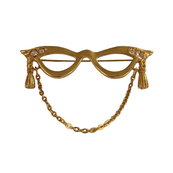 Avon Gold Tone Cat Eye Glasses Clear Rhinestones Lenses Brooch Pin, Signed K947