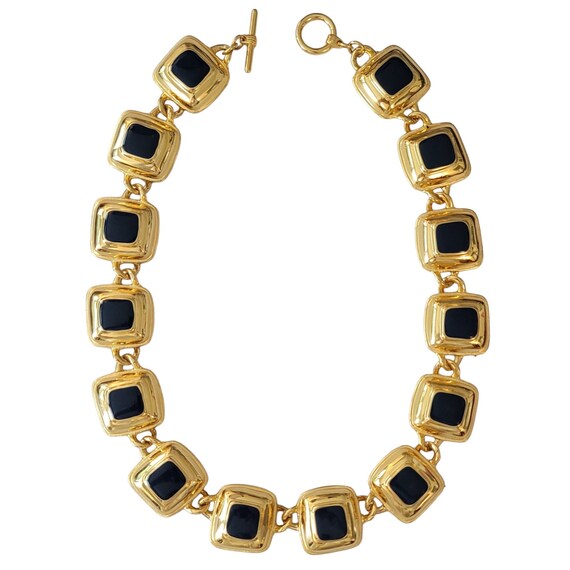 Gold Tone Black Enamel Square Repousse Style Toggle Clasp Link Necklace, 17" Long E536