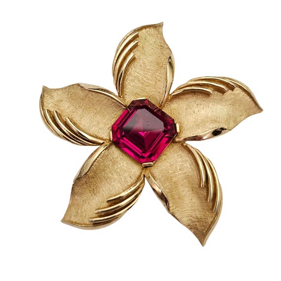 Trifiari Vintage Pink Fuchsia Rhinestone Star Flower Brooch Signed, J854