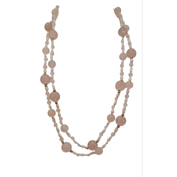 14K Yellow Gold Rose Quart, Rice Pearl Double Strand Necklace, 17" Long K794
