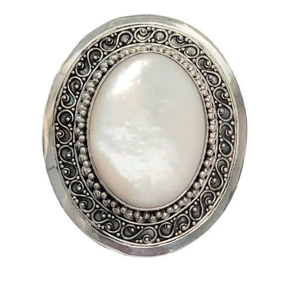 Sterling Silver BA Bali Style Statement Oval Bezel Set MOP Brooch Pendant Signed