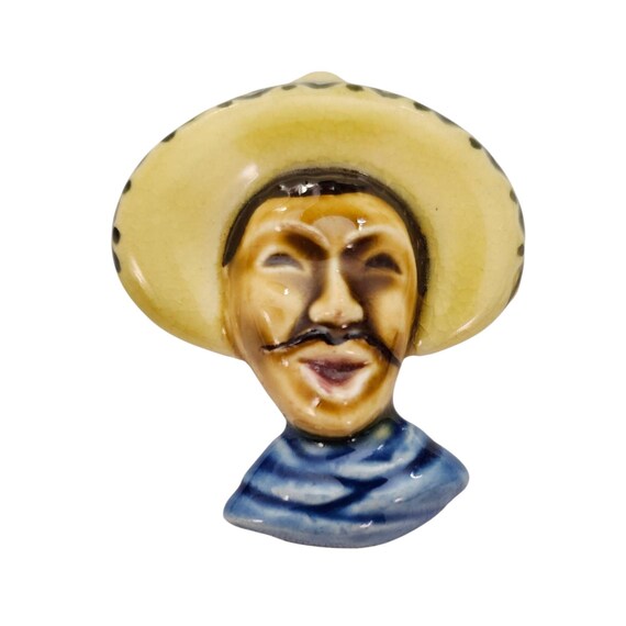 Ceramic Glazed Mexican Man In Hat Brooch Elzac-Style Pin