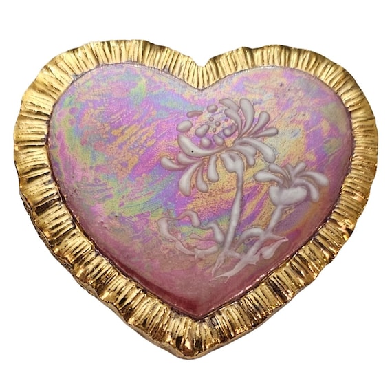 Juanita Hendren Pink Rainbow Glazed Bone China Style Heart Brooch Signed, C820