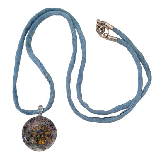 Sterling Silver Round Art Glass Flower Pendant Silk Cord Necklace, 21" Long E498