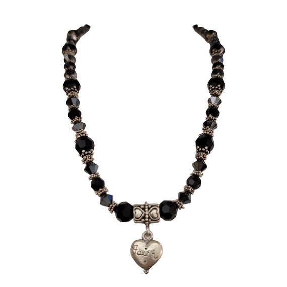 Sterling Silver Black Faceted Crystal Bead Heart Pendant Necklace, 17.5" L K719