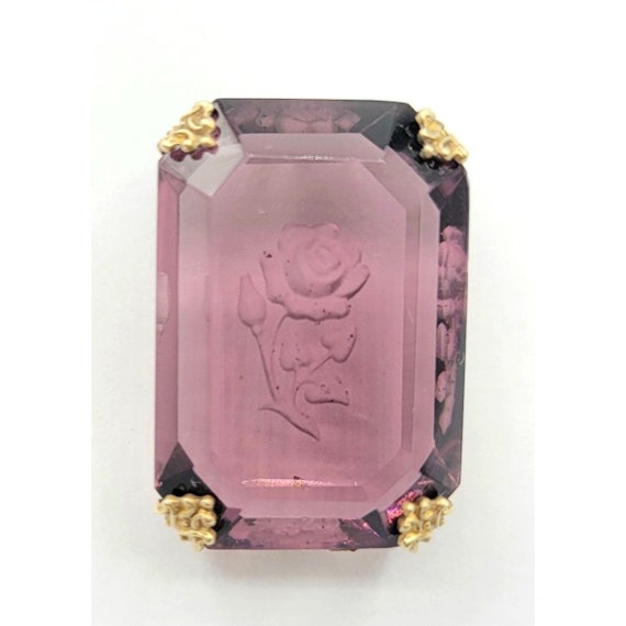 Victorian  Plated Purple Glass Intaglio Rose Brooch Pin