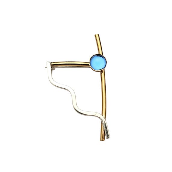 Sterling Silver Brass Modernist Brooch Round Blue Cabochon Pin C665
