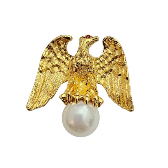 Ann Hand Vermeil Sterling Eagle Brooch, Faux Pearl Pin, Signed