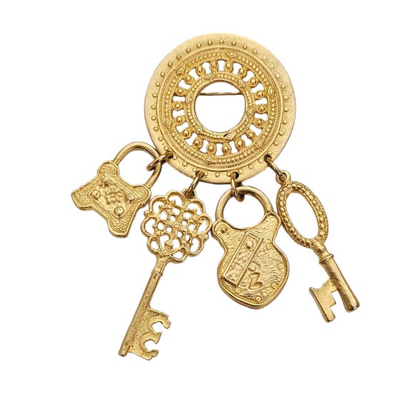 Casual Corner Round Medallion Key Lock Shield Charm Dangle Brooch, Signed L390