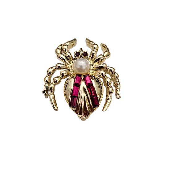Spider Brooch Faux Pearl Red Rhinestone Baguette Pin J954