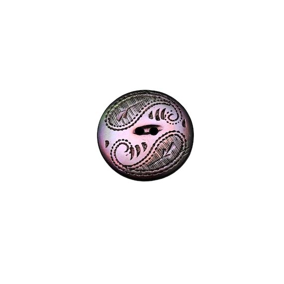 Antique Etched Shell Carved Round Button Paisley Print J922