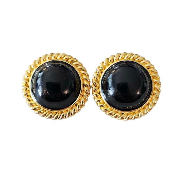 Joan Rivers Black Enamel Gold Tone Round Button Clip On Earrings, Signed