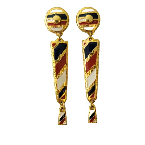 Berebi Gold Tone Red White Blue Enamel Round Disc, Long Dangle Post Earrings, Signed E806